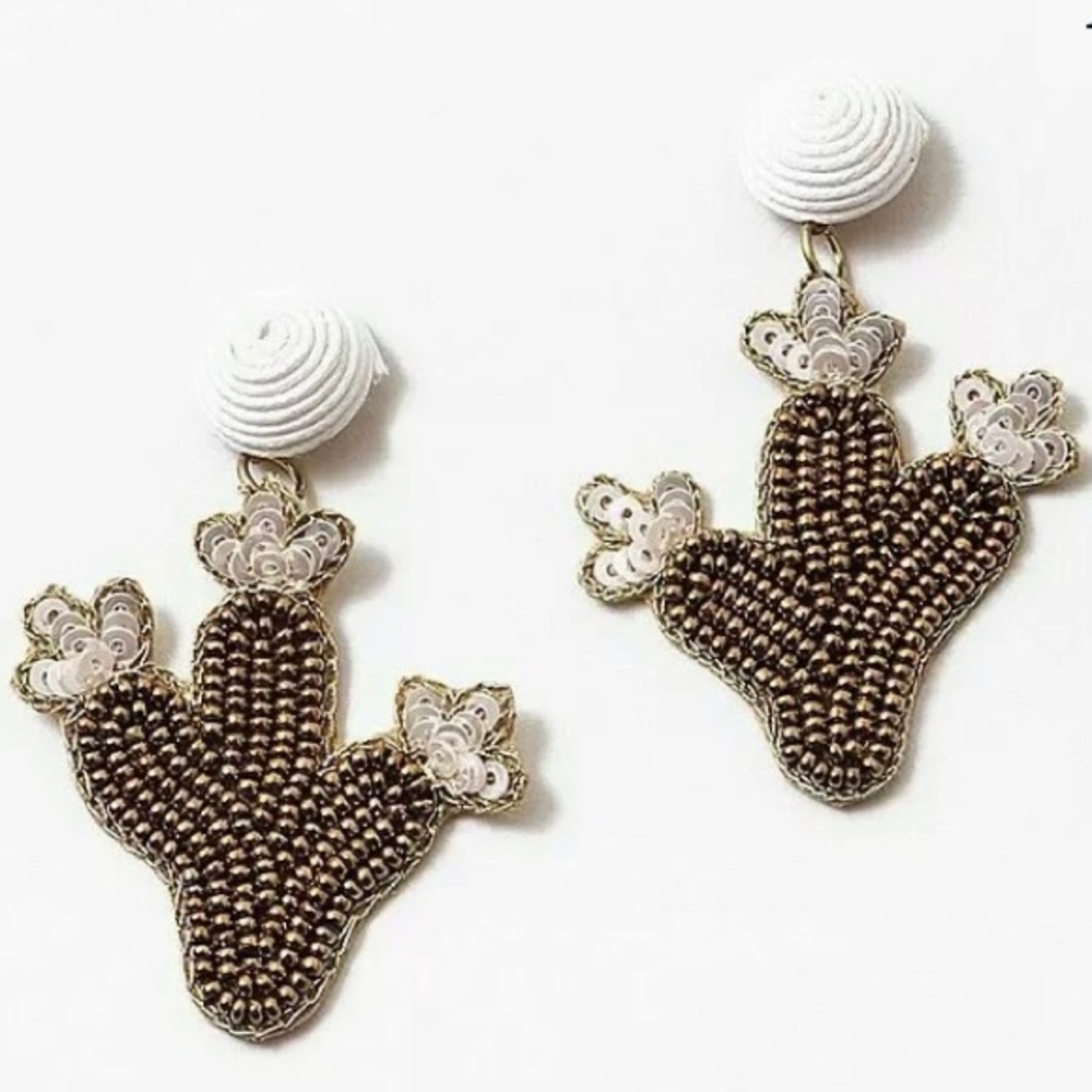 Gold Seed Bead Woven Cactus Earrings